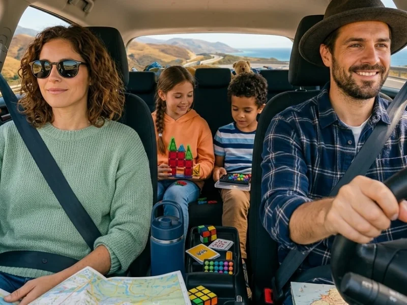 Niños jugando con juegos de viaje compactos durante un trayecto en coche